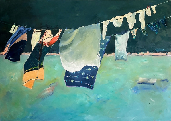 Ilse Gabbert, Laundry, Oil on Canvas, 140 x 200 cm, from the series "Clothes lines", Art in Krefeld